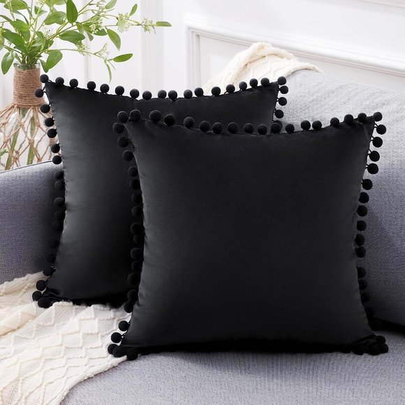 Set of 2 Black Soft Velvety Velour Pom Pom Velvet Pillow Covers Couch Pillows - Picture 2 of 7